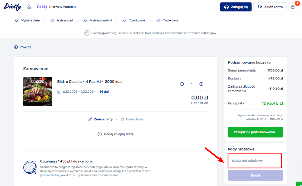 Jak zastosować kod rabatowy Dietly?