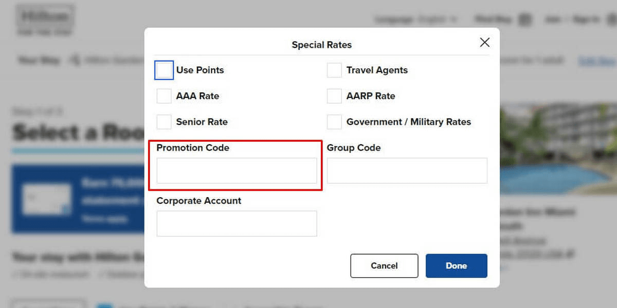 how to apply Hilton discount code