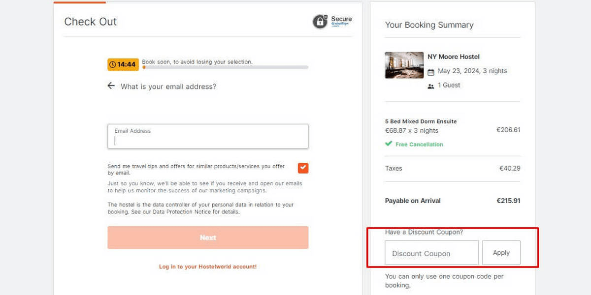 how to apply Hostelworld discount code