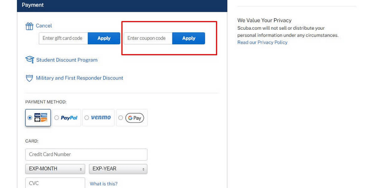how to apply Scuba.com discount code